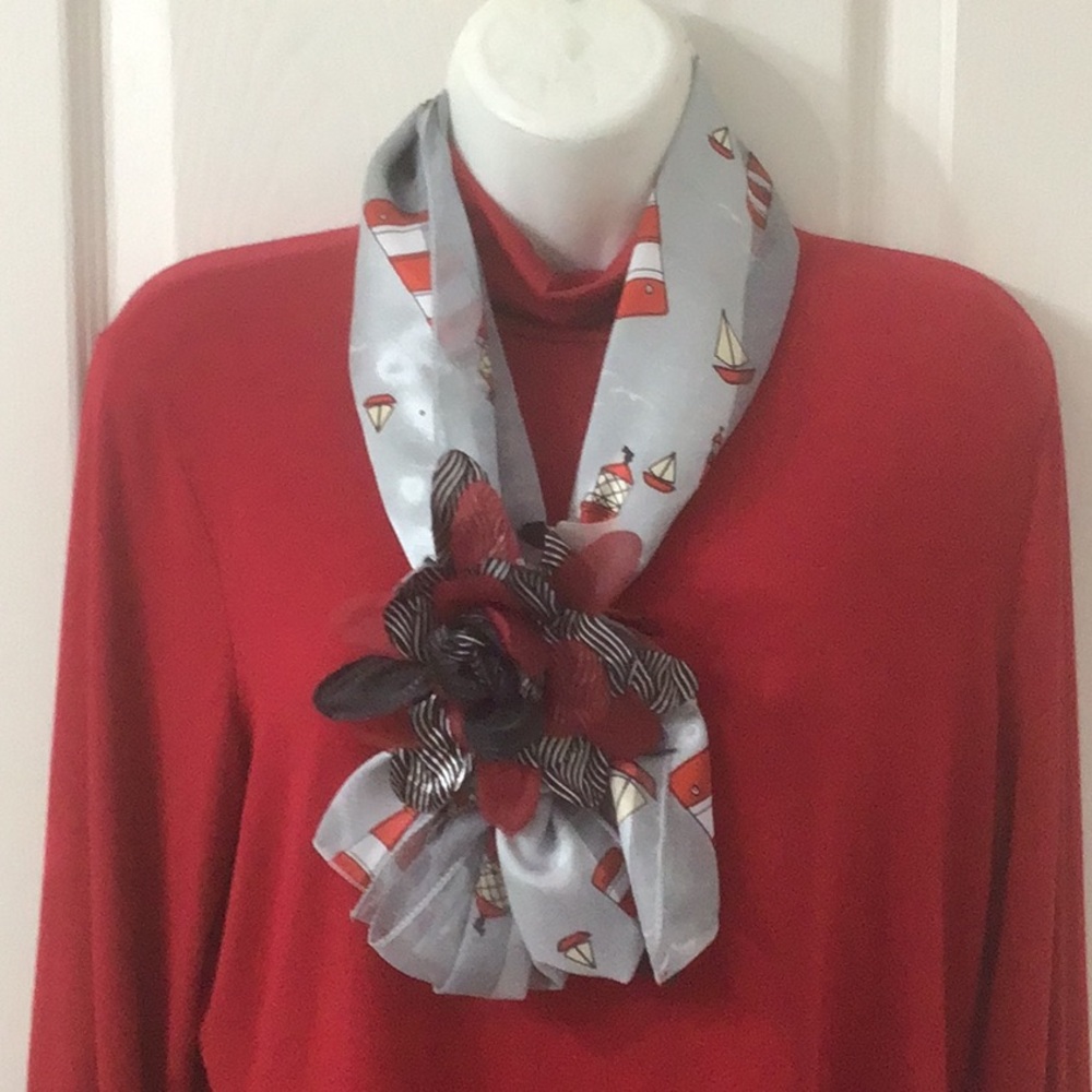 NAUTICAL Long Scarf Decorated W/ Removable Flower Clip Versatile Configurations.